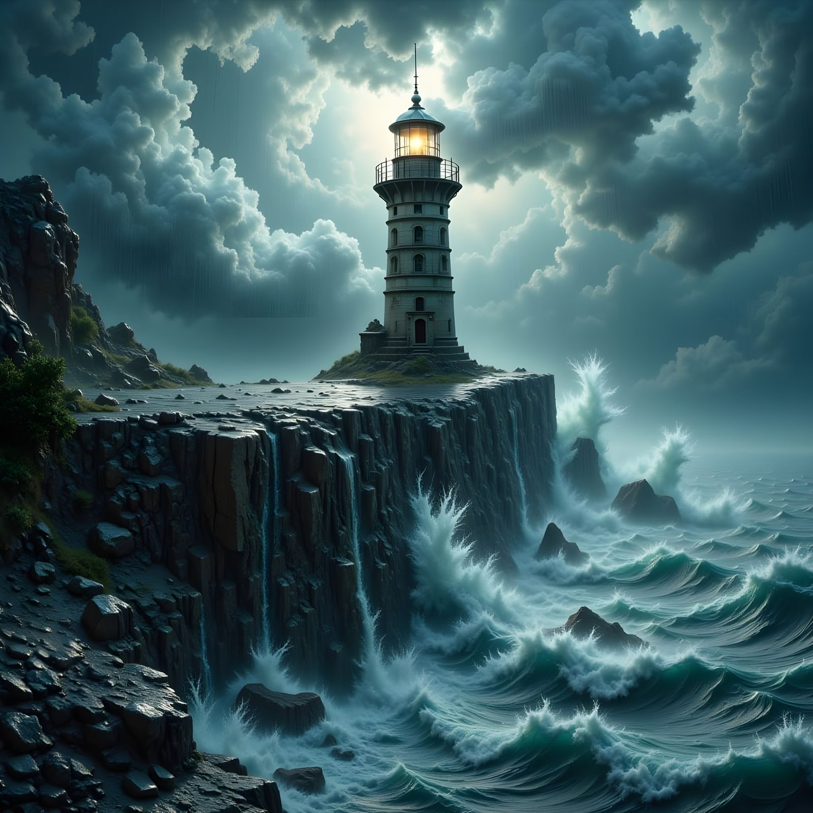 Lighthouse Beam Pierces Epic Rainstorm on Jagged Cliffs
