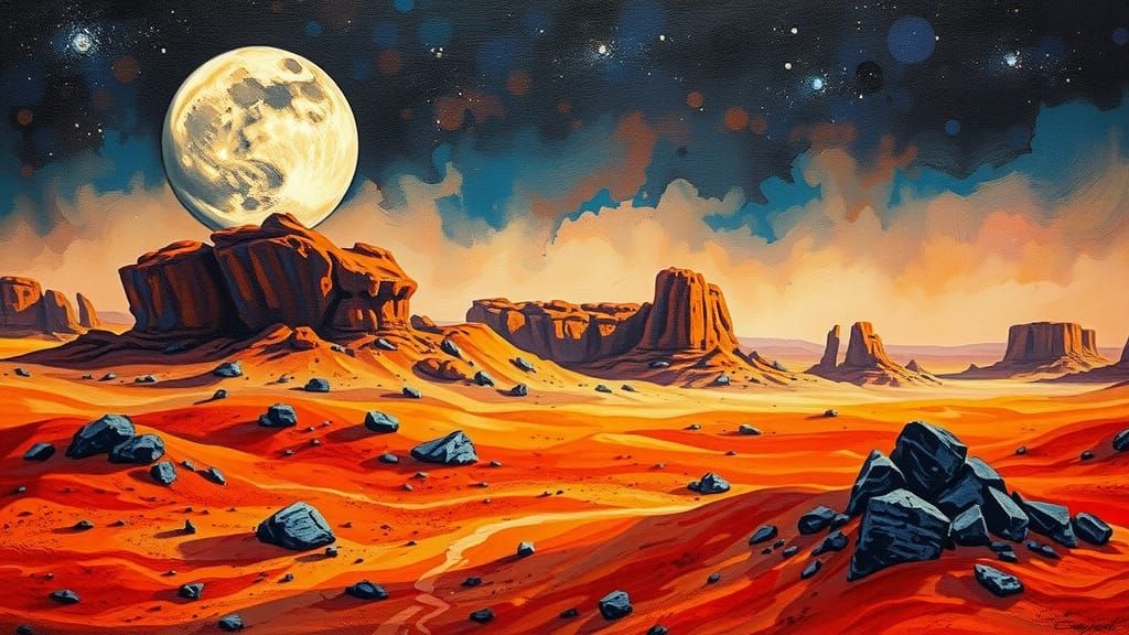 Martian Desert Moonscape in Pointillist Style