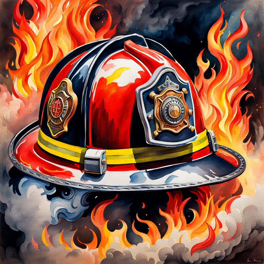 Flaming Fireman Helmet in Watercolor Gouache Style