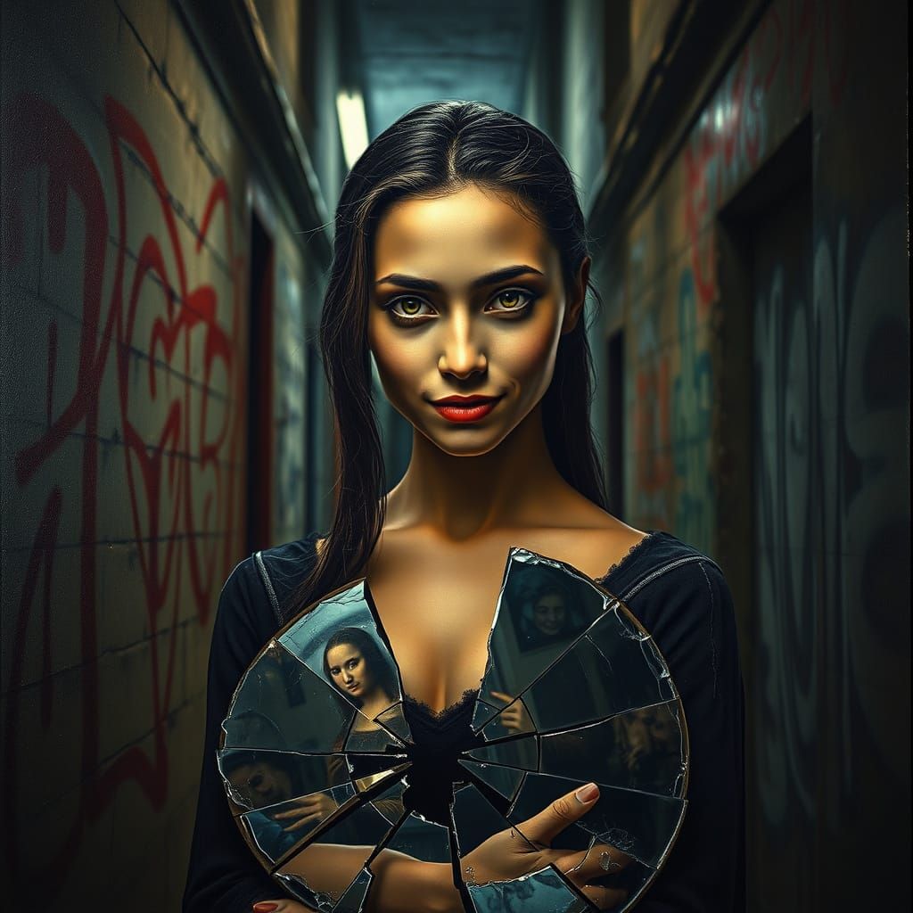 Surrealist Woman in Gritty Urban Landscape