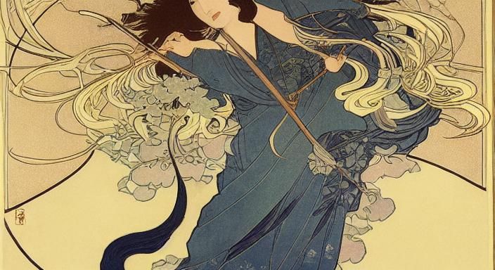 Art by Katsushika Hokusai, Alphonse Mucha, illustration of Artemis goddess of the hunt poised drawing a bow, celestial b...