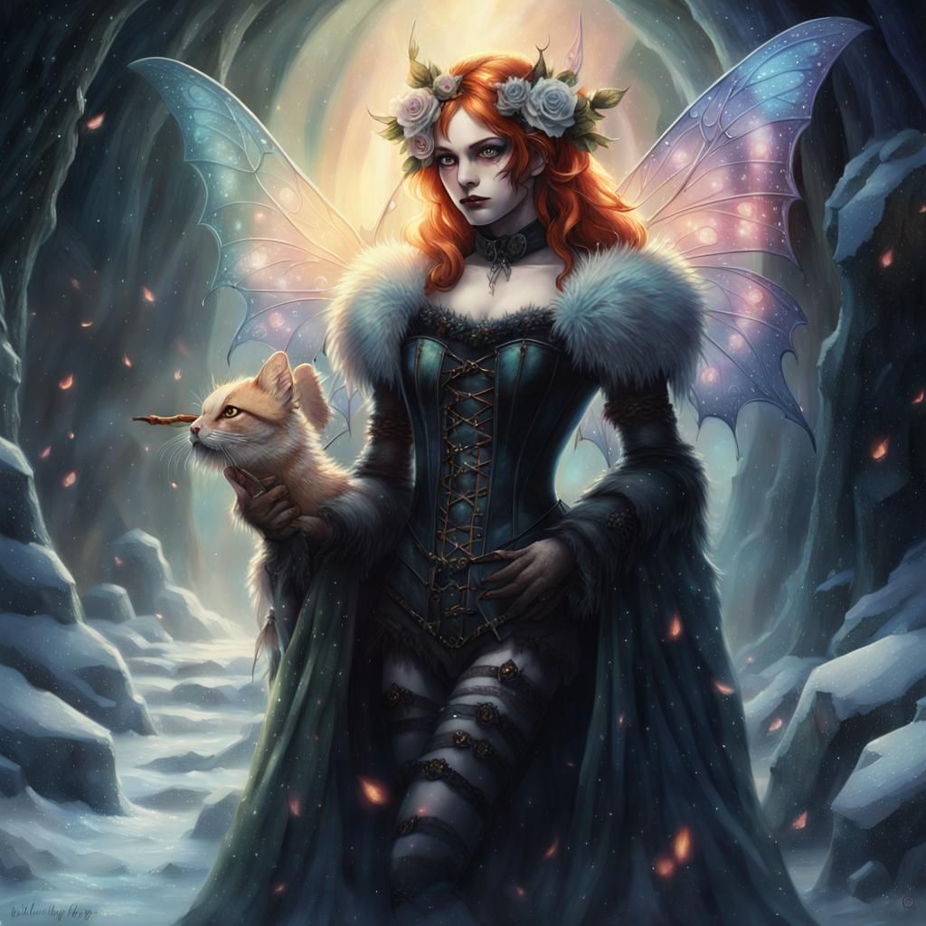 Gothic Elf Winter Witch Reading in Ice Cave