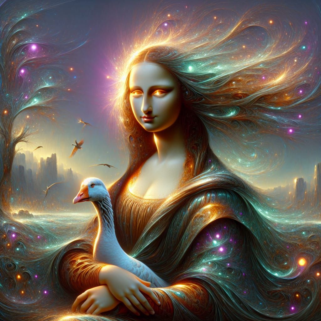 Surreal Mona Lisa with Goose in Luminous Landscape