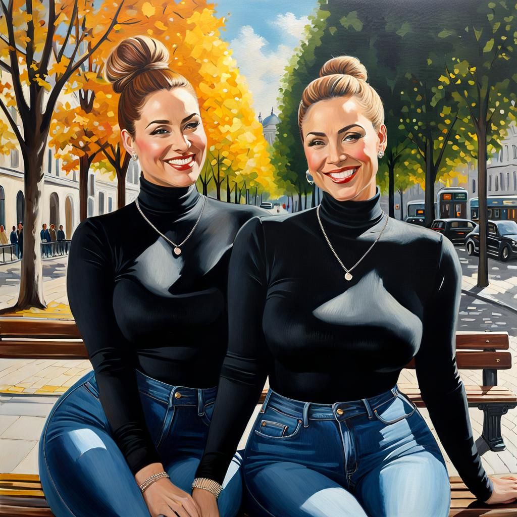 Elegant German Women in City, Oil Painting