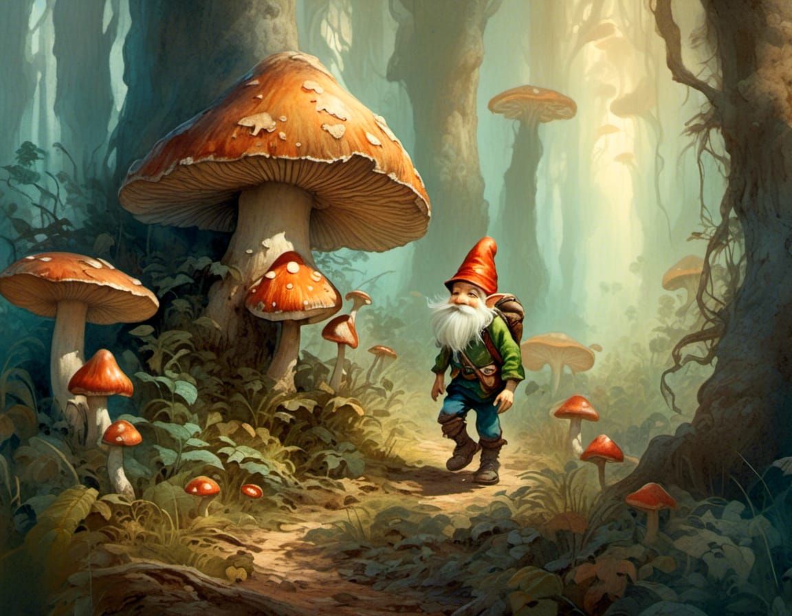 Gnome's Mushroom Forest Walk: Whimsical Fantasy Art