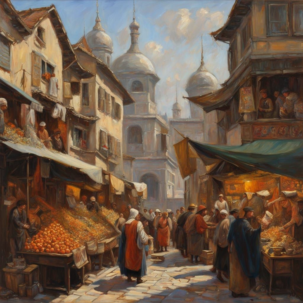 Bustling Oriental Marketplace Inspired by Old Masters