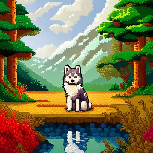 Colorful Pixel Art Husky in Nature Scene