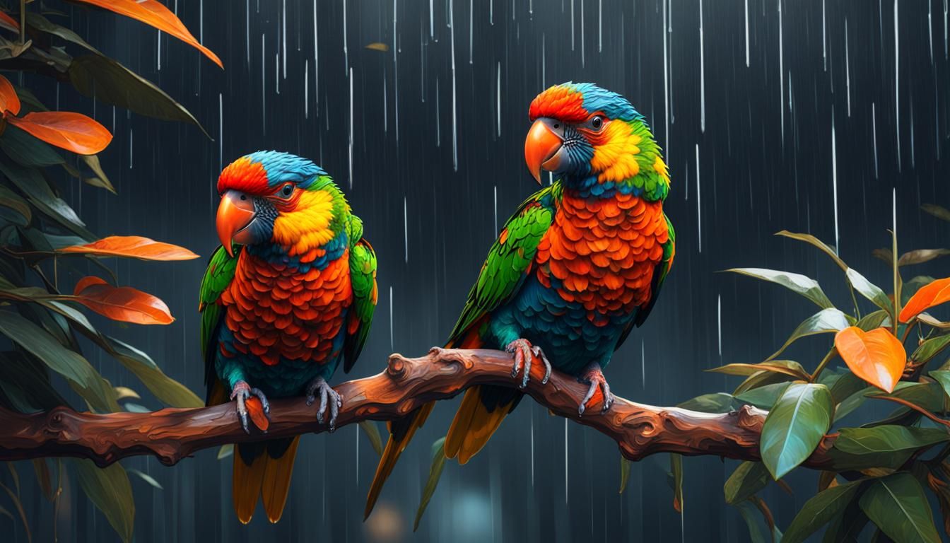 Lorikeets in Rain, Hyperdetailed Art Nouveau Style