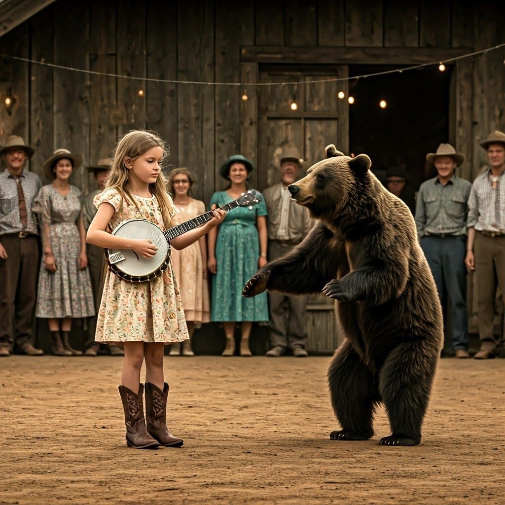 Banjo Girl and Dancing Bear in Rustic Setting