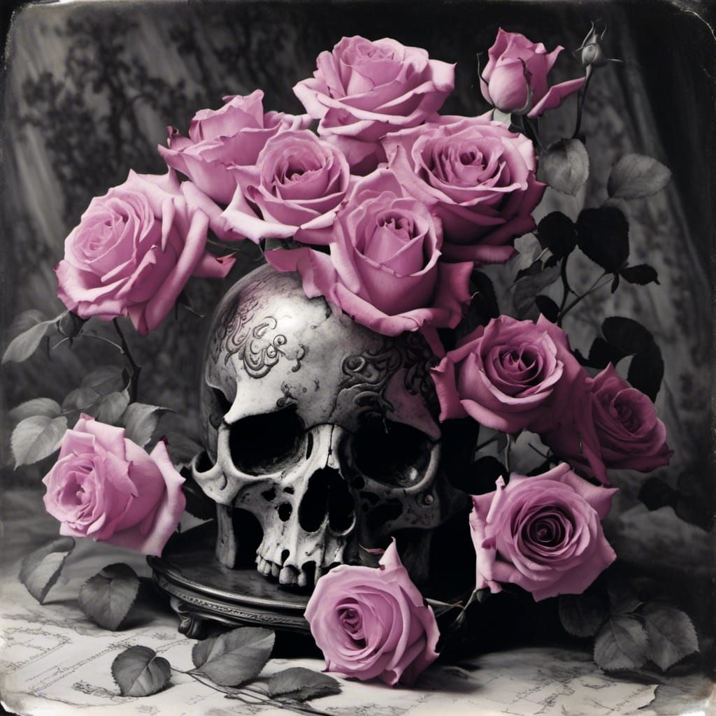 Pink Roses Entangled with Skull in Airbrush Art