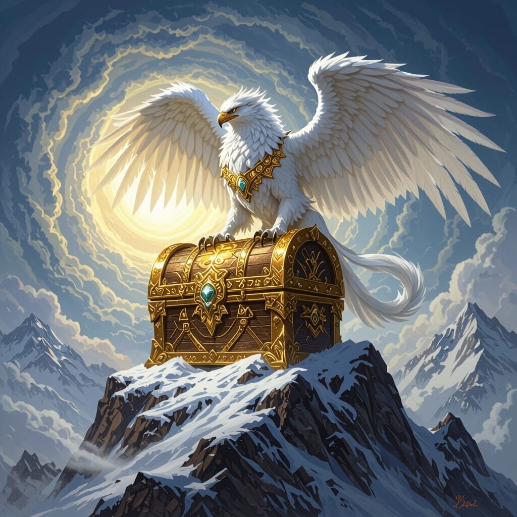 Griffin Guarding Treasure Chest on Mountain Peak