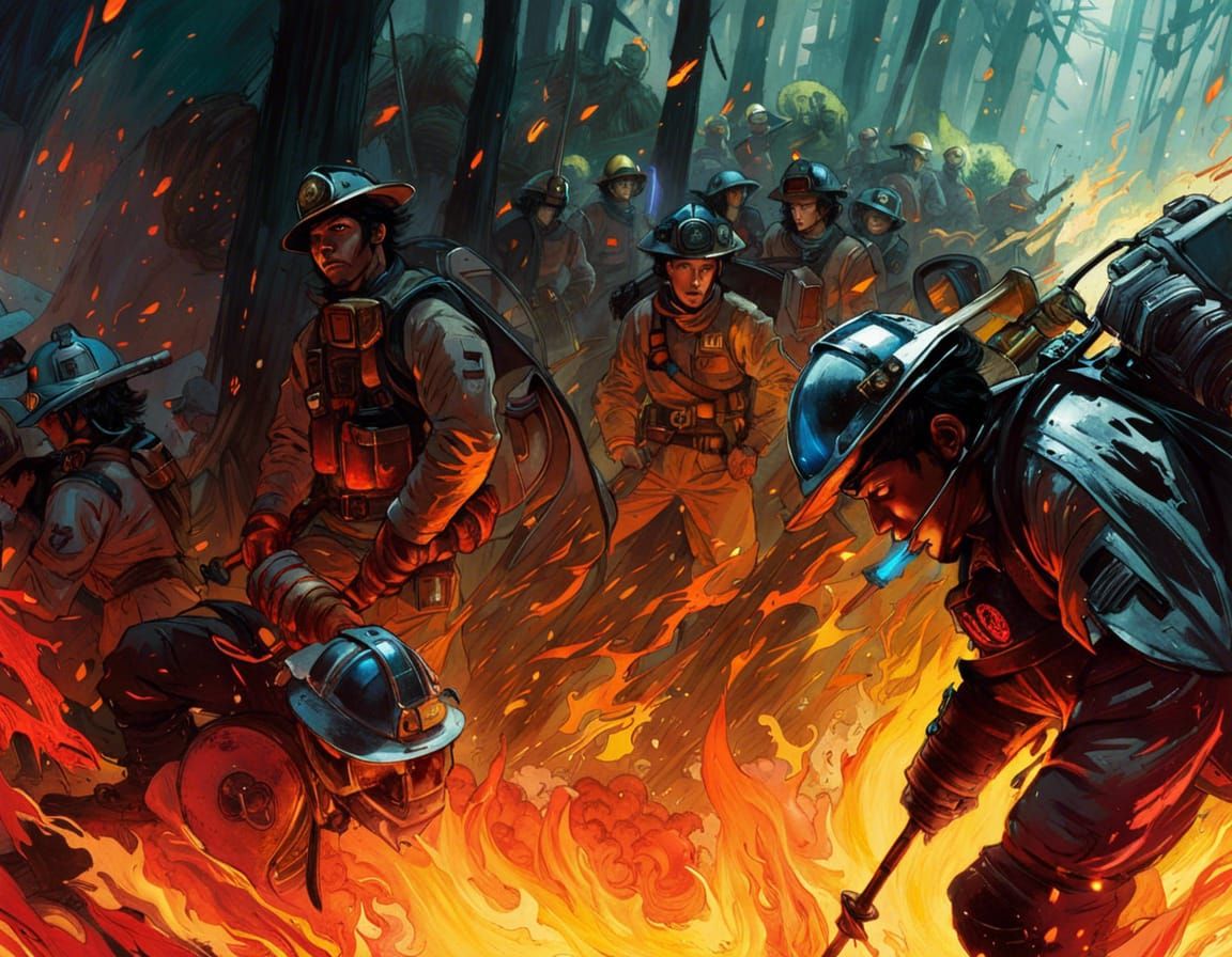 Firefighters Battle Burning Forest in Fantasy Art Style