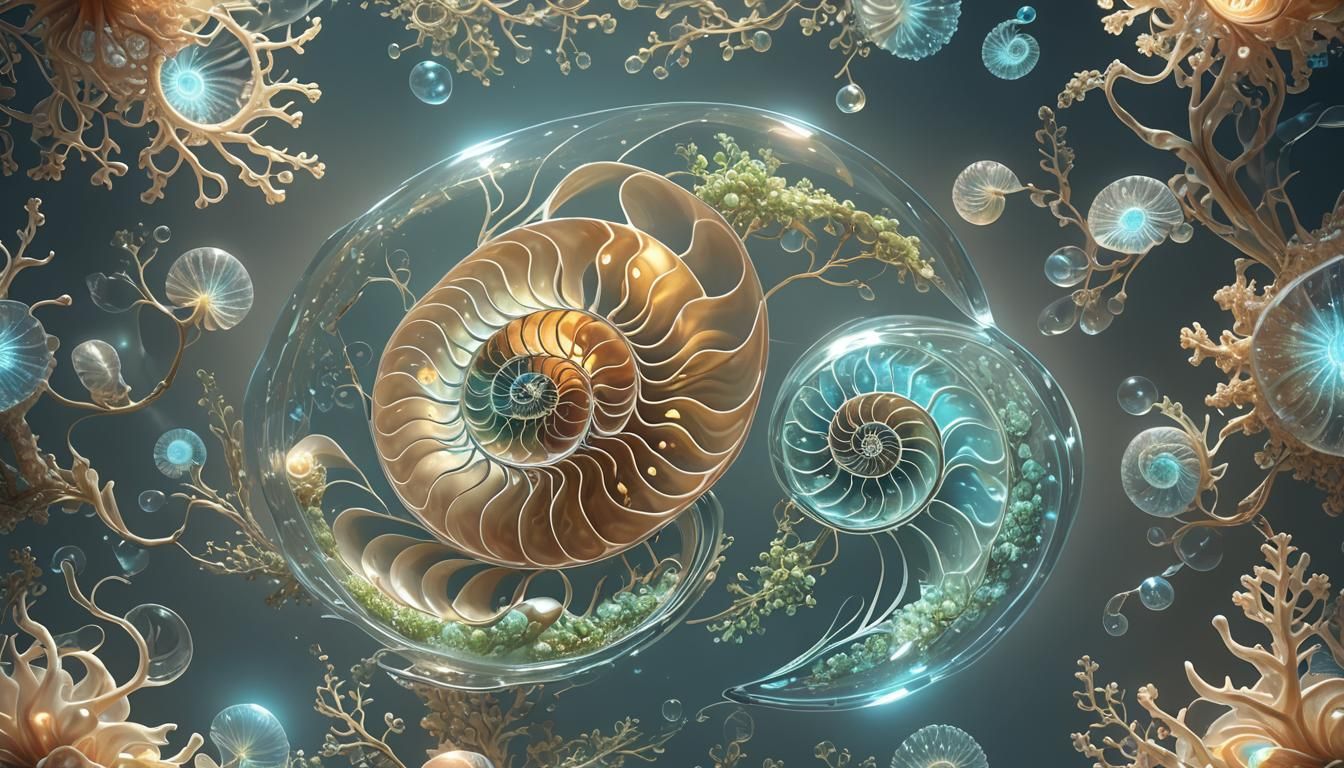 Bioluminescent Fractal Plants in Glass Nautilus Shell