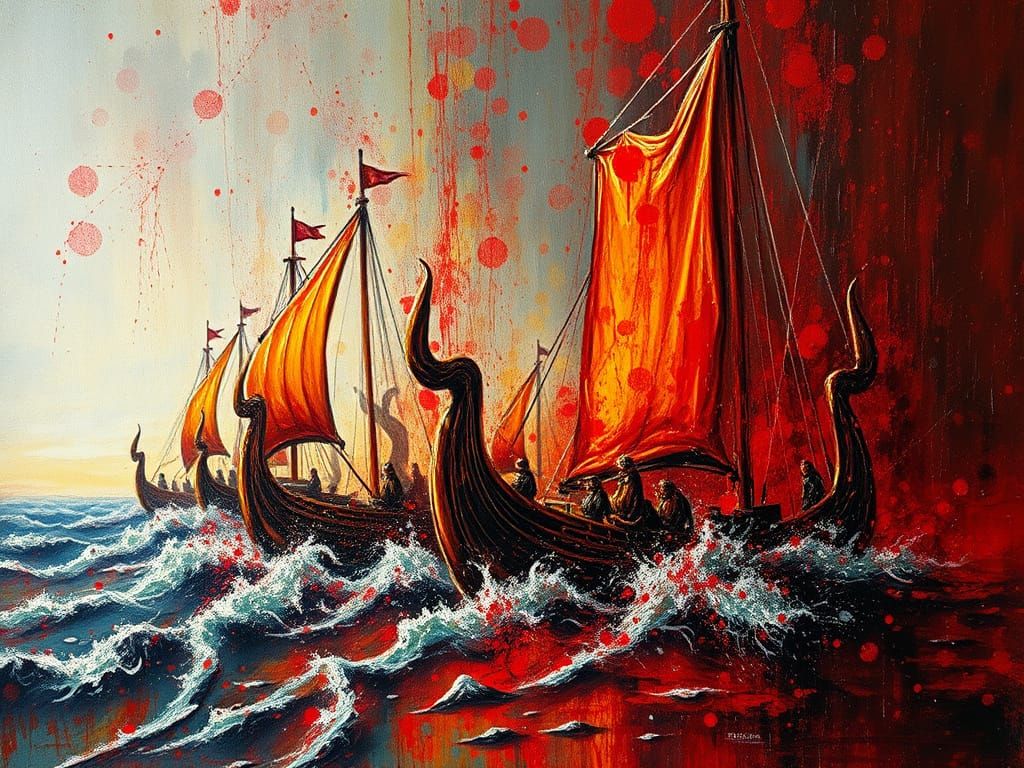 Viking Longships Race in Palette Knife Oil Painting