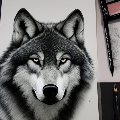Detailed Ink Drawing of a Wolf Head