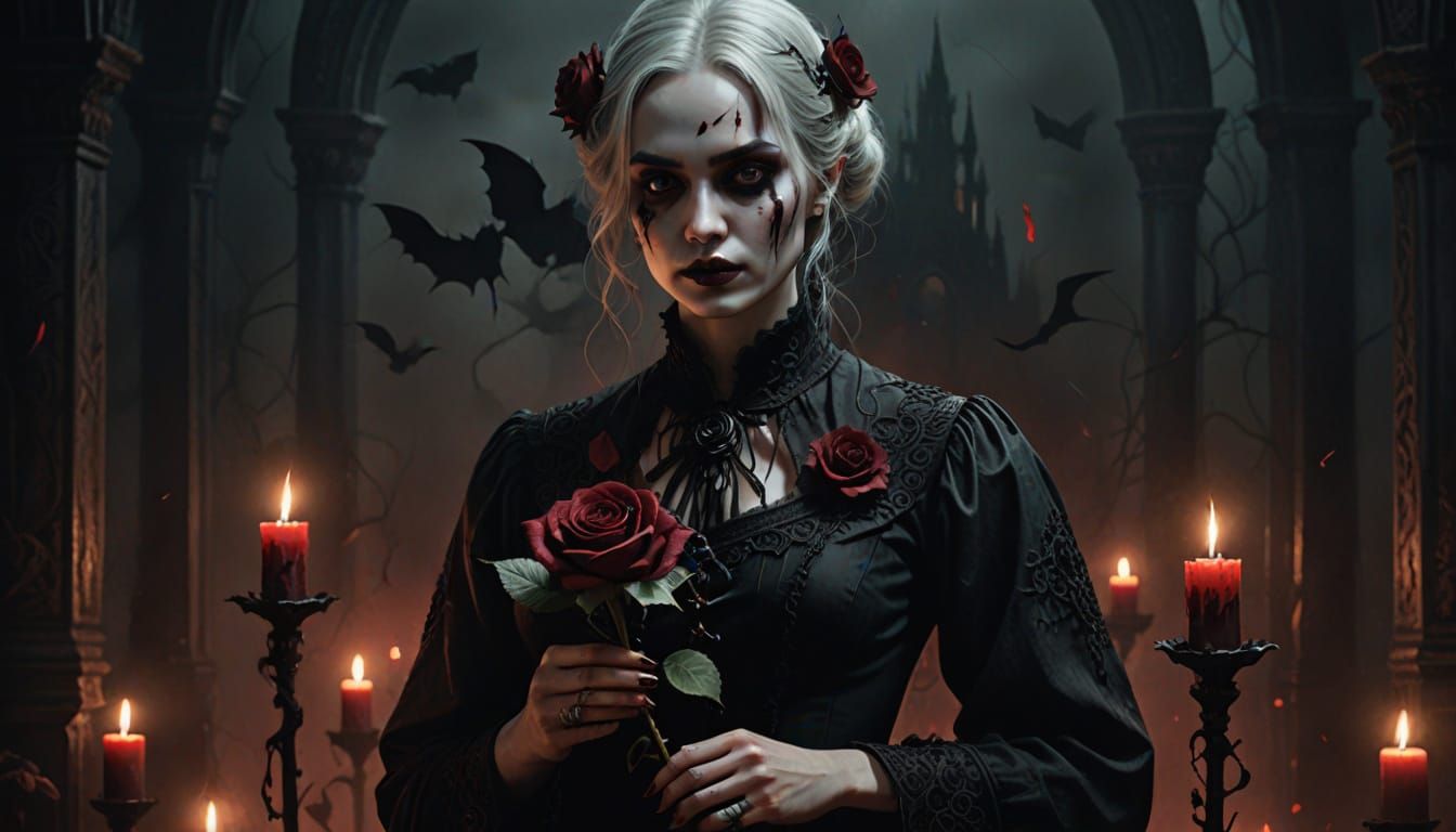 Eerie Gothic Woman with Rose in Thai Horror Art