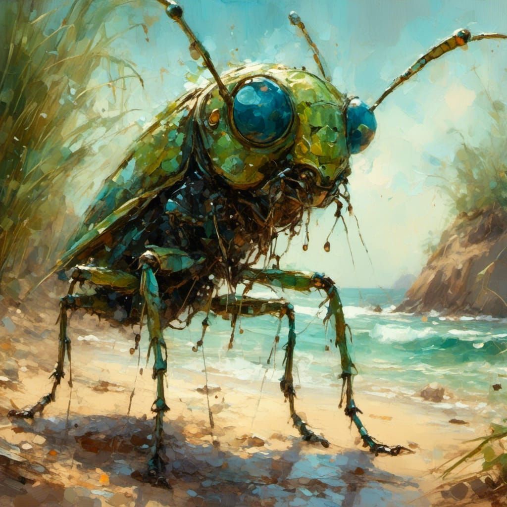 Humanoid Grasshopper Emerges from Beach: Oil Painting