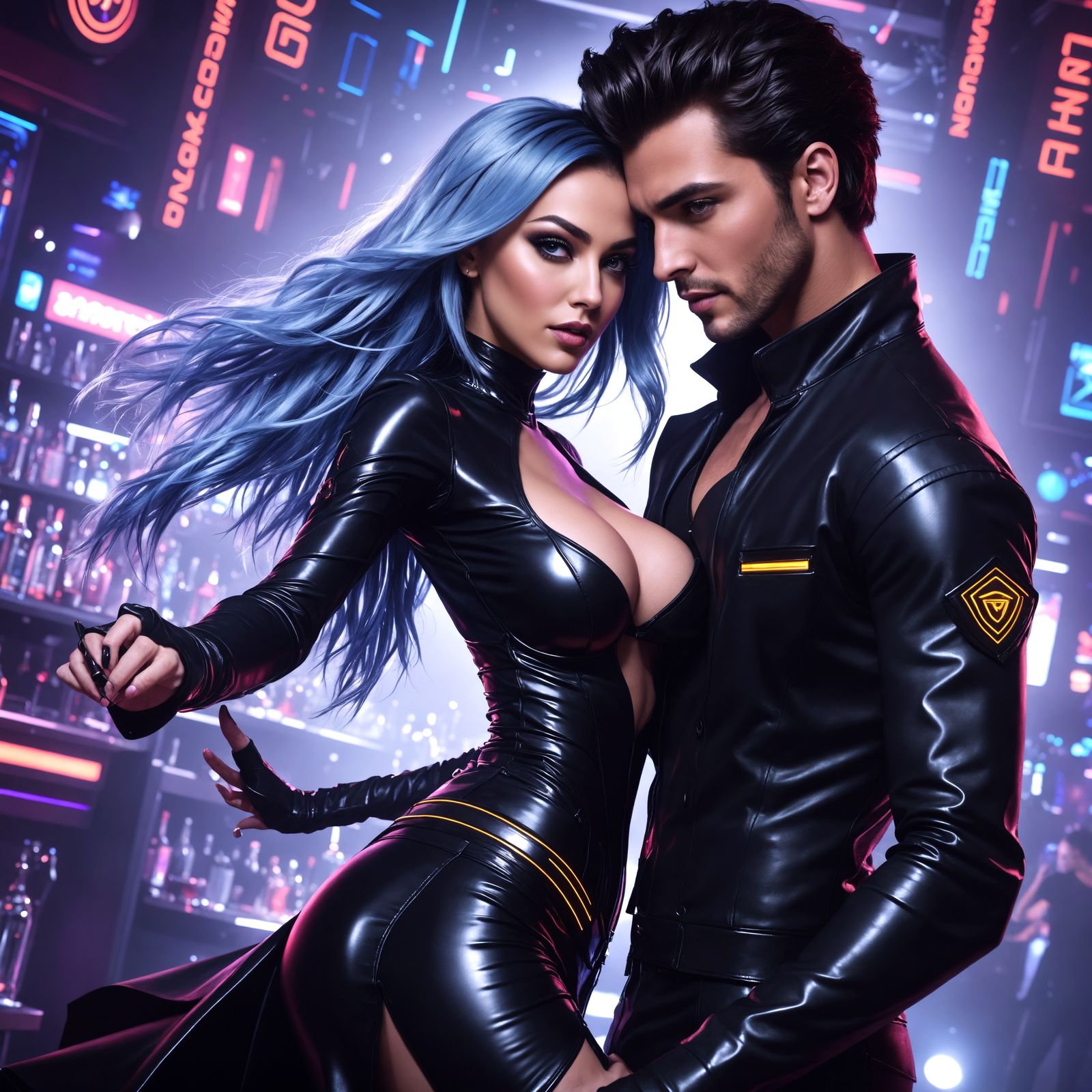 Glamorous Dancer and Bartender in a Futuristic Nightclub Sce...