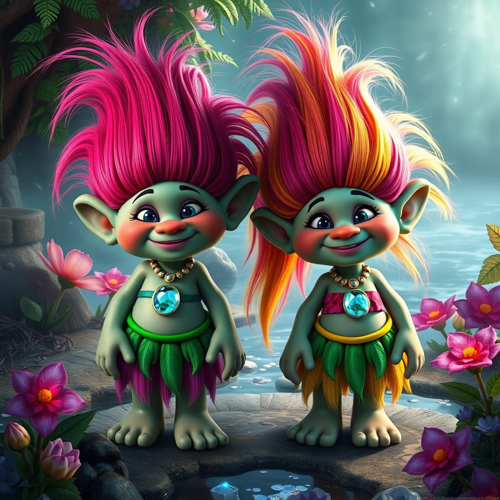 Rainbow Trolls in Ethereal Fantasy Landscape