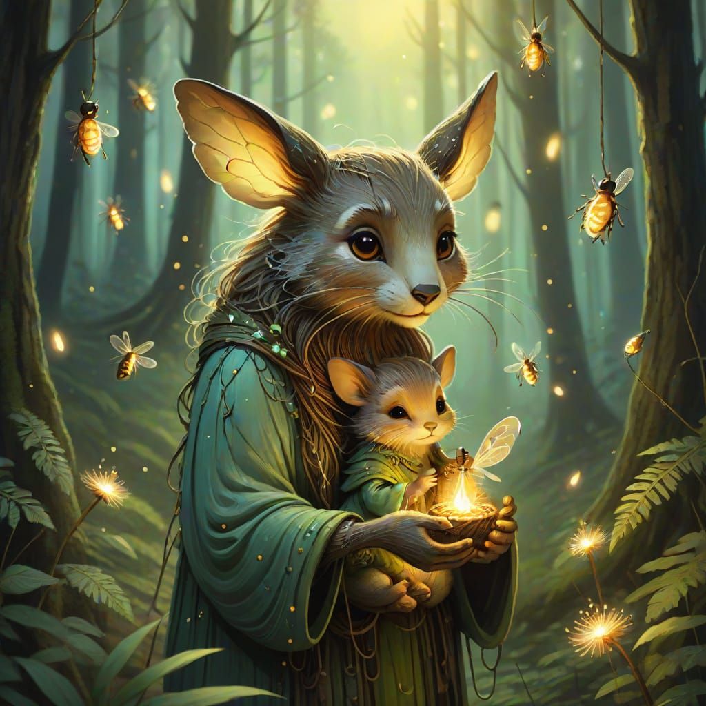 Mother and Baby Mythical Creatures in Forest Illustration