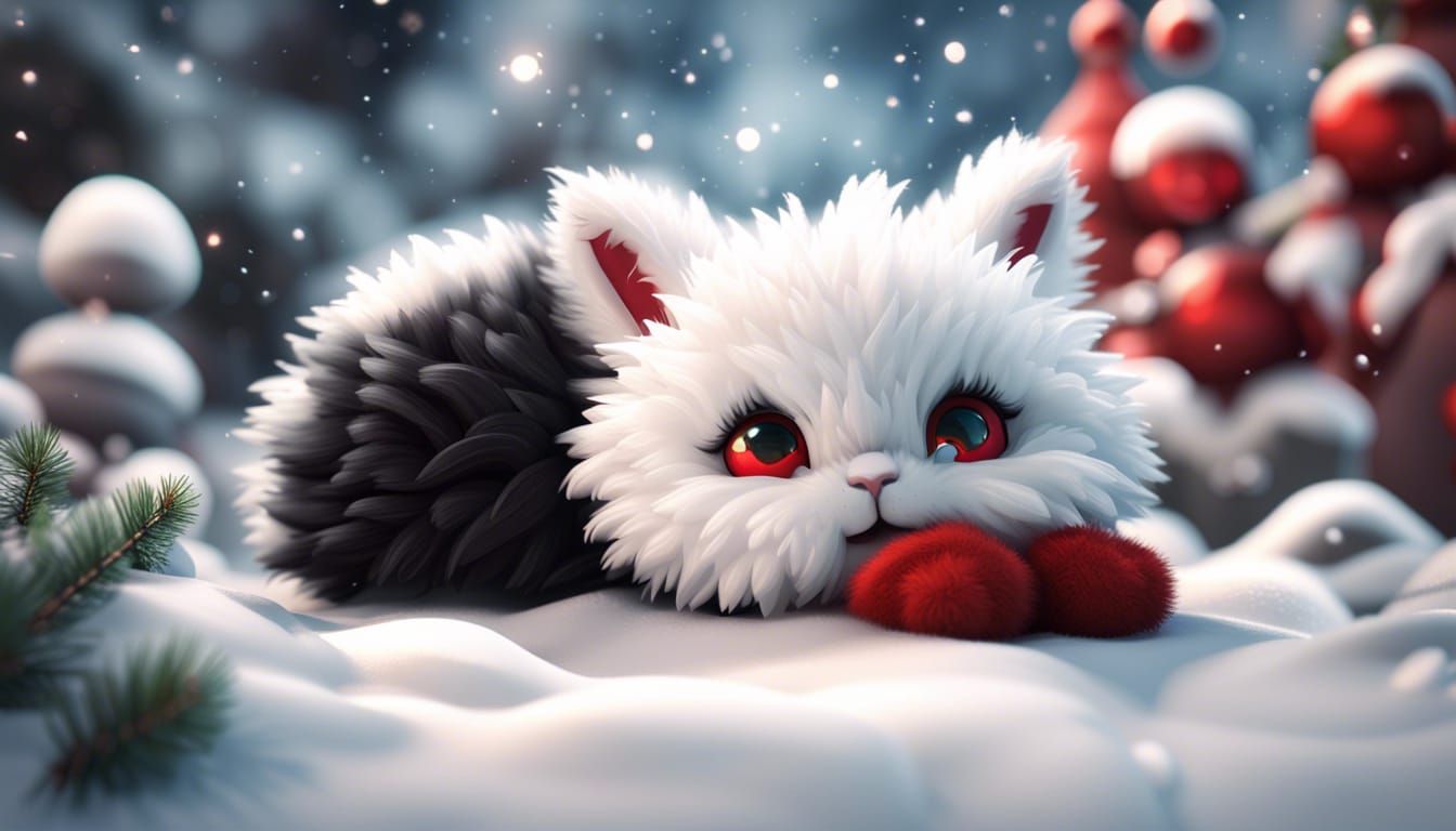 red and black white lace fluffy bunny kitten laying on the snow christmas 3D Game Cinematic Feel, Epic 3D Videogame Gra...