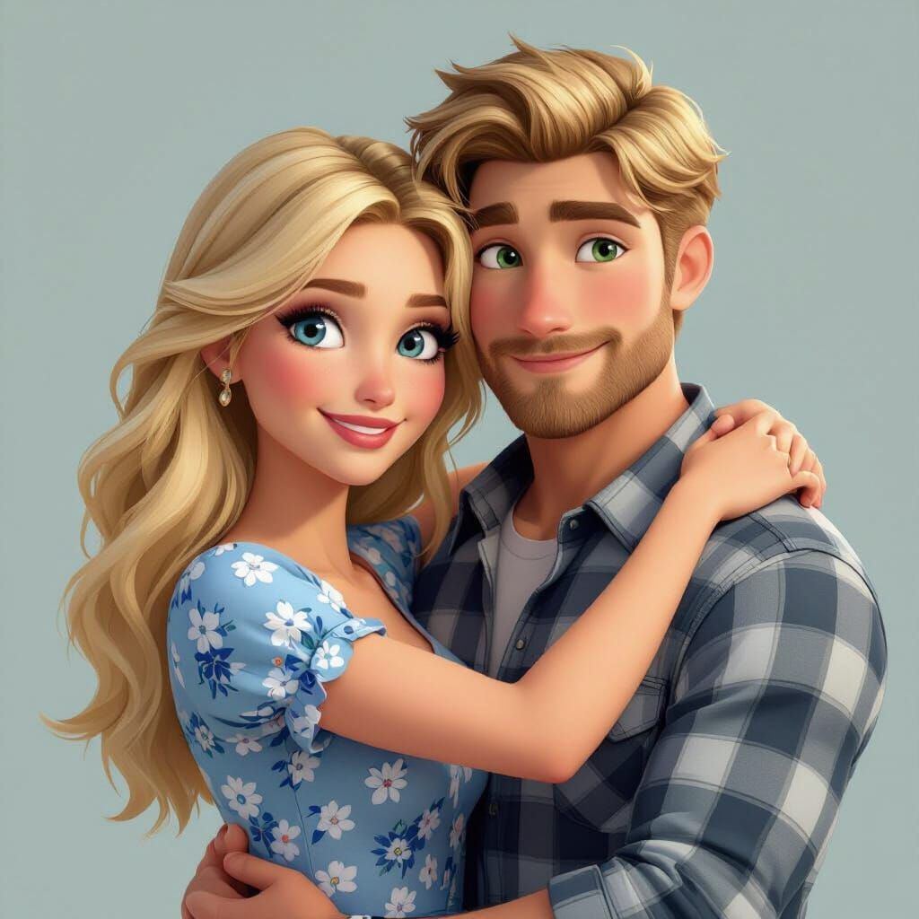 Couple Embraced in Floral Dress and Flannel Shirt