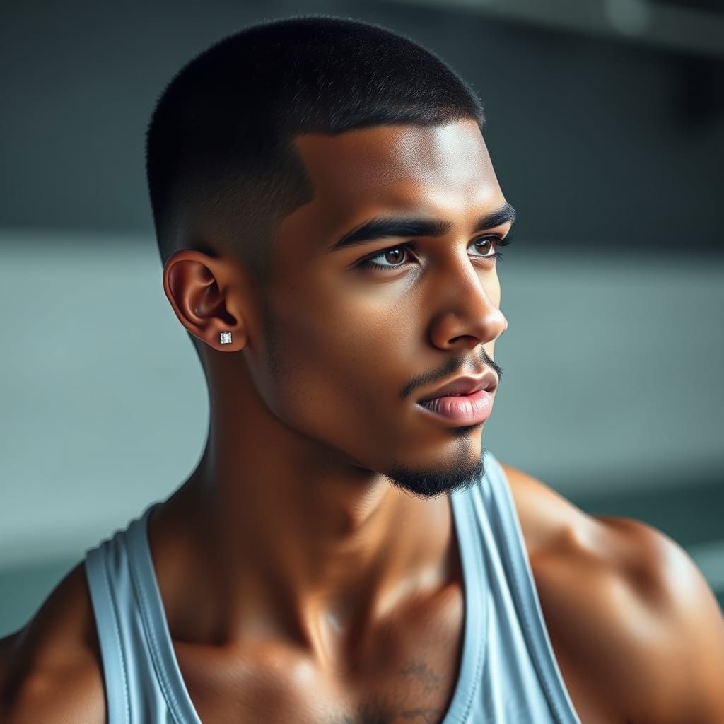 Young Man with Stud Earrings and Muscular Build
