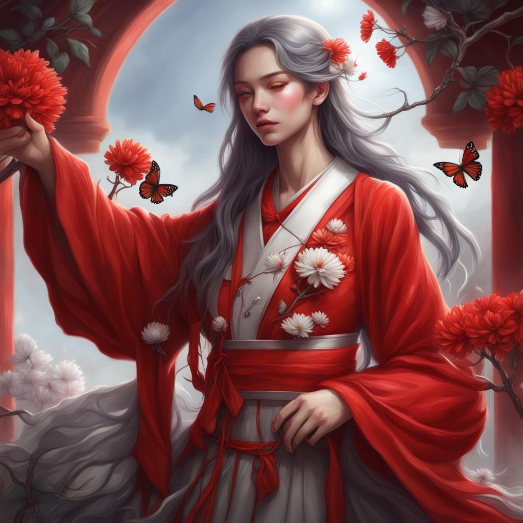 White Flower and Silver Butterfly in Manhua Style