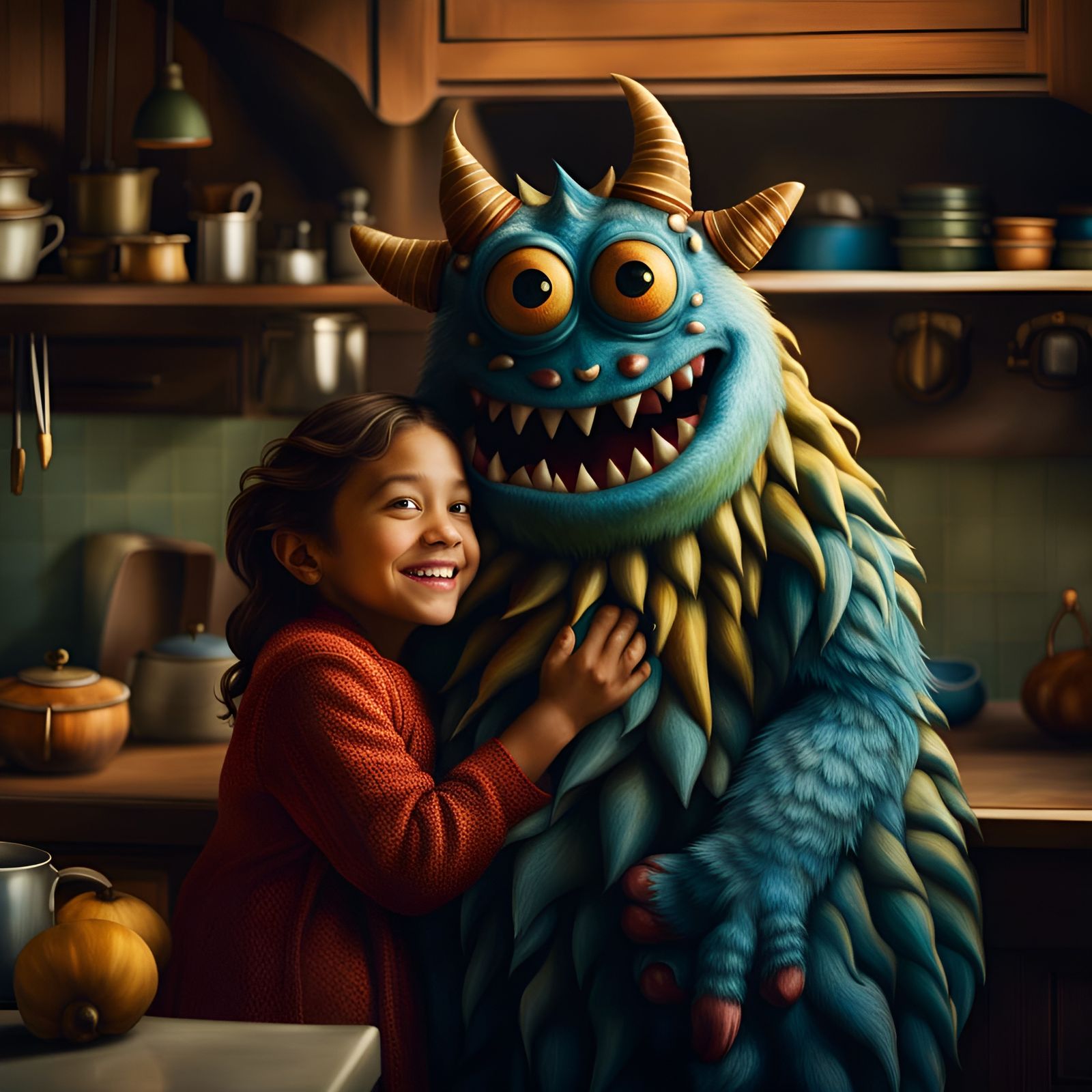 Girl Hugs Monster: Hyperrealistic Emotional Film Still