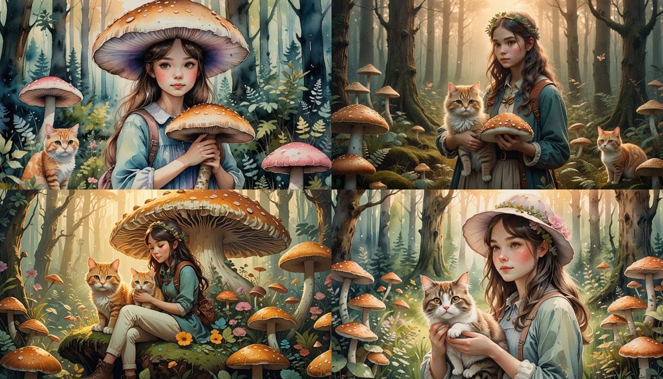 Girl Among Whimsical Forest Elements
