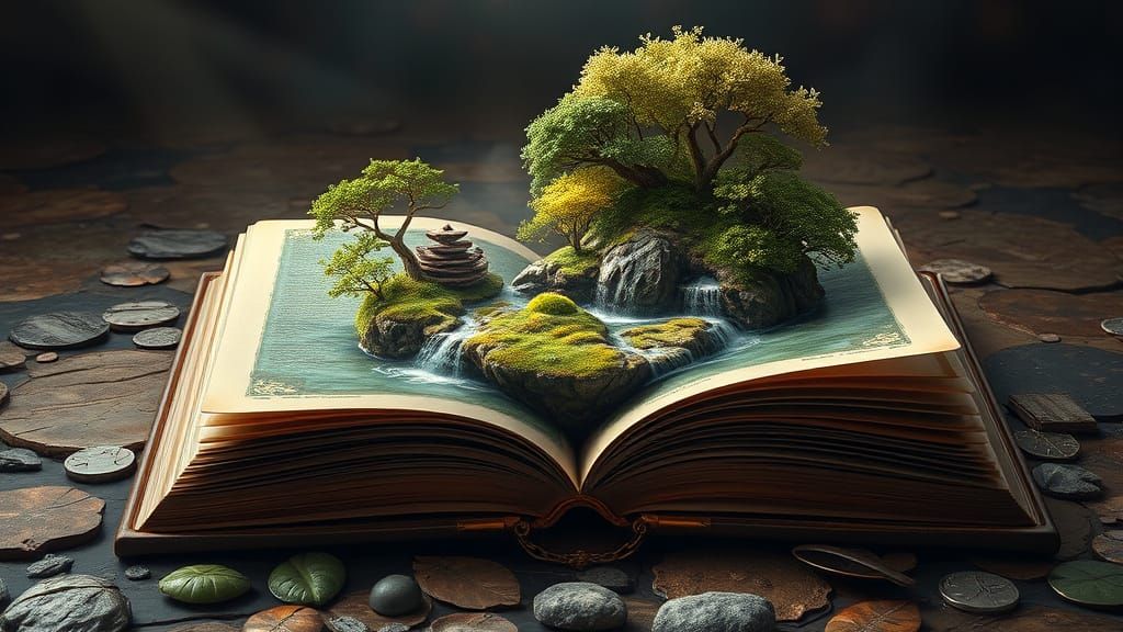 Magical Island Book in Surreal Oil Painting