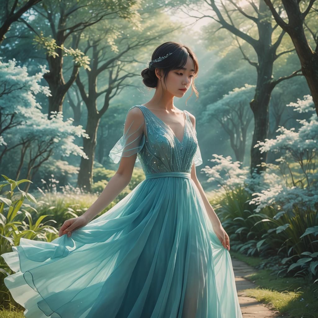 Cyan Ombre Gown in Misty Garden, Anime Style