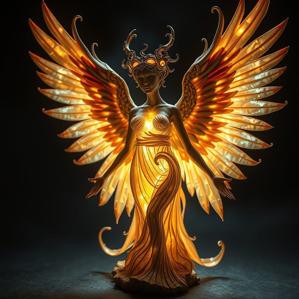 Clay sculpture of light dancing feathered avion goddess with glowing embers transforming to flow, cracking through, arti...