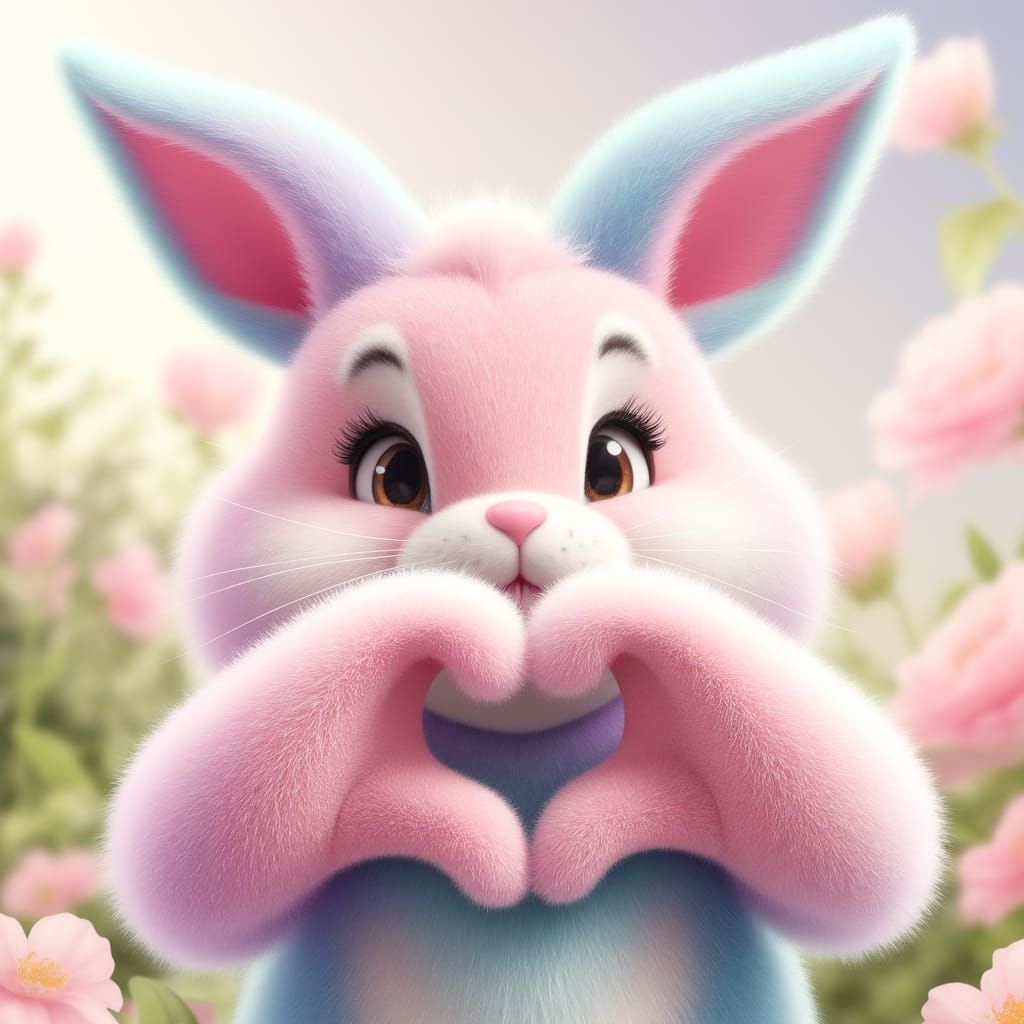 Pastel Bunny Forms Heart with Paws in Whimsical Floral Setti...