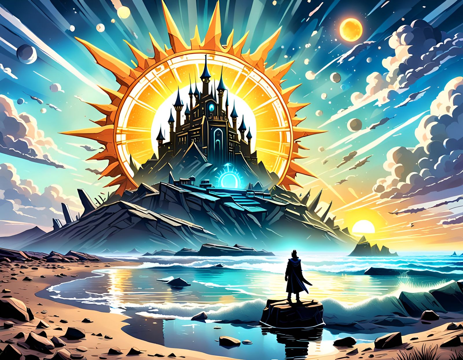 "The House of the Rising Sun". Sci-fi poster with citadel sunshine horizon. Synthwave, cartoon, and heavenly inspiration...