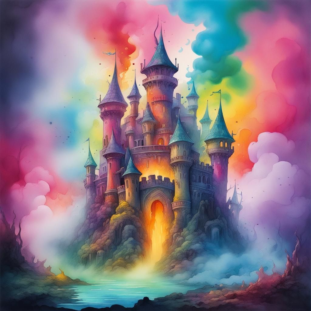 Psychedelic Castle in Watercolor Graffiti Style