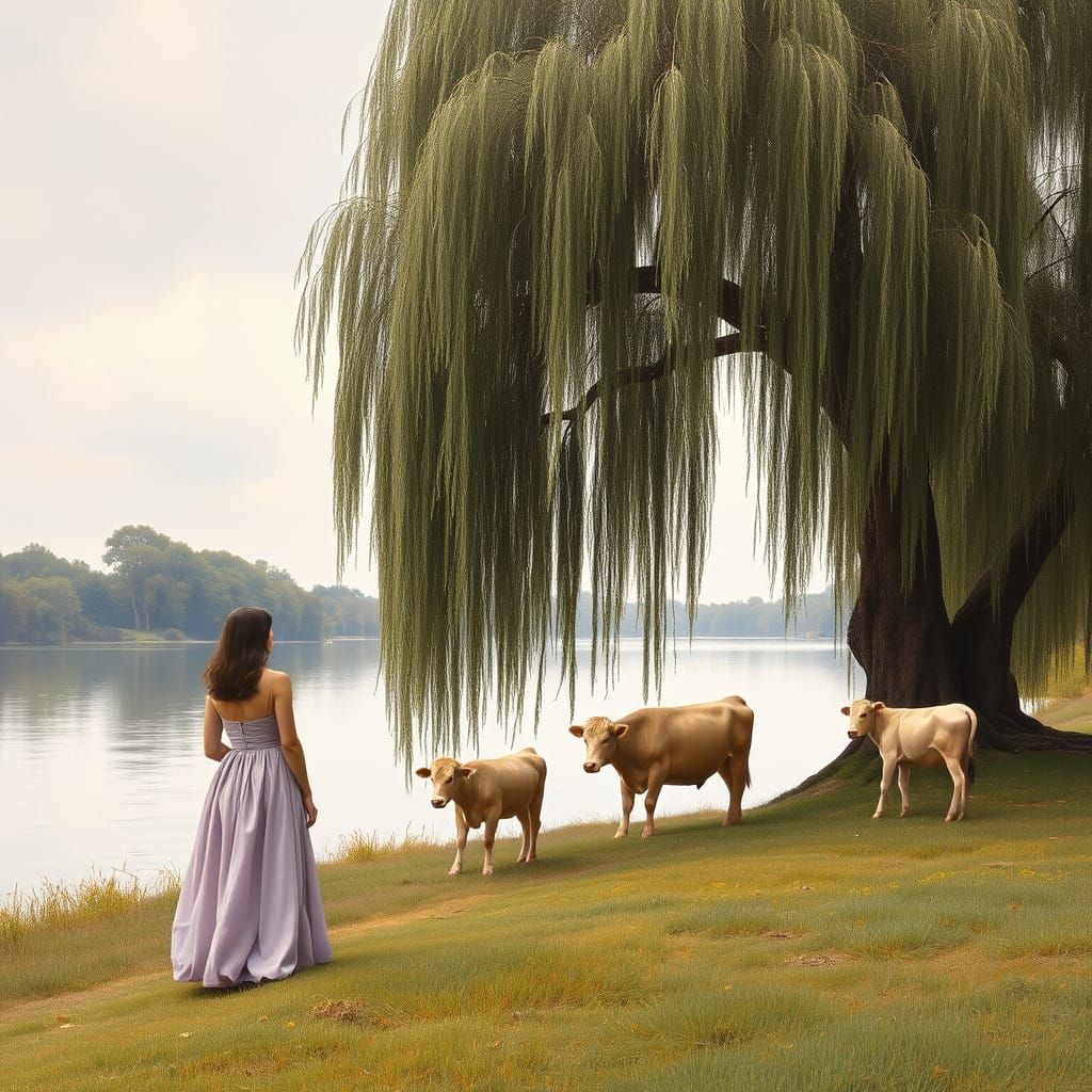 Impressionist Woman by Lake with Cows