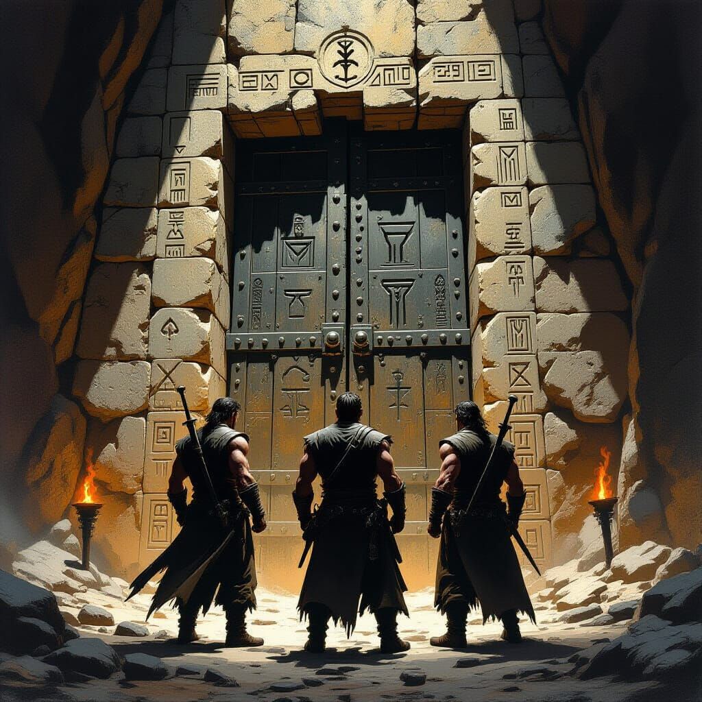 Rugged Men Before Ancient Locked Door in Dark Fantasy Style