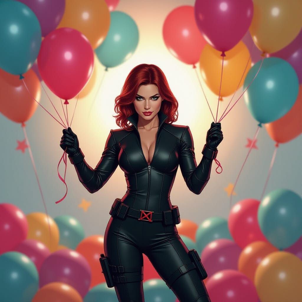 Black Widow and Balloons in Comic Book Style