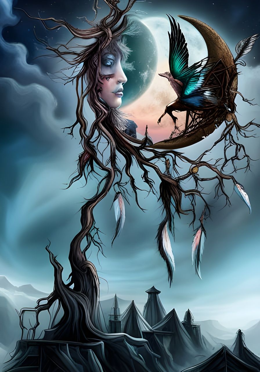 Clockpunk Dreamcatcher Under Crystal Moon, Detailed Gouache ...