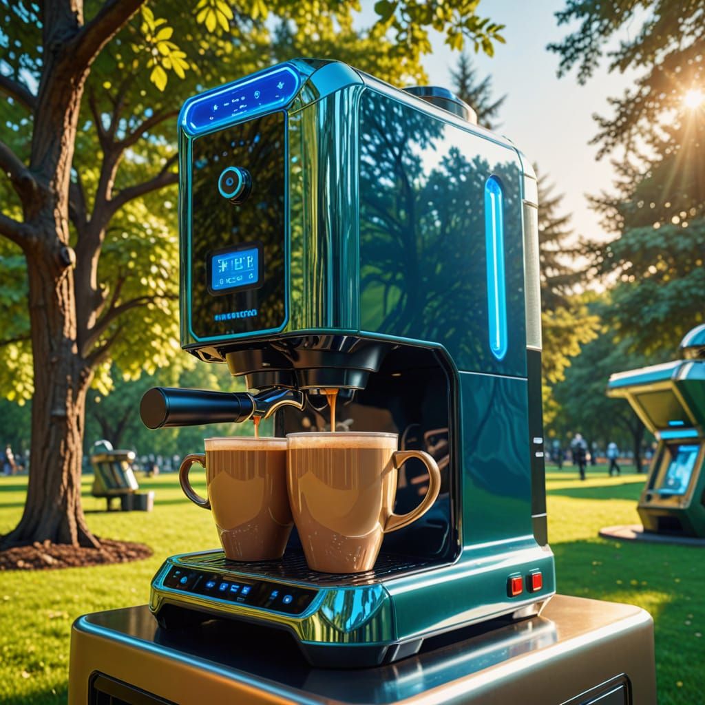 Futuristic Coffee Maker in Park: Sci-Fi Digital Art