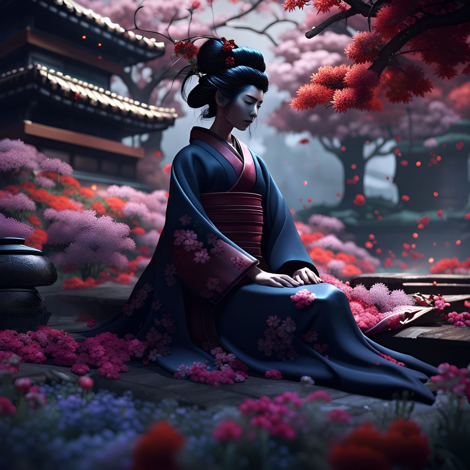 Mourning Geisha Covers Fallen Samurai: Detailed Matte Painti...