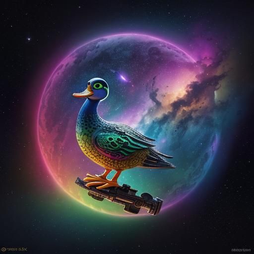 Duckling Alebrije Drifting in Space: Pixar Style
