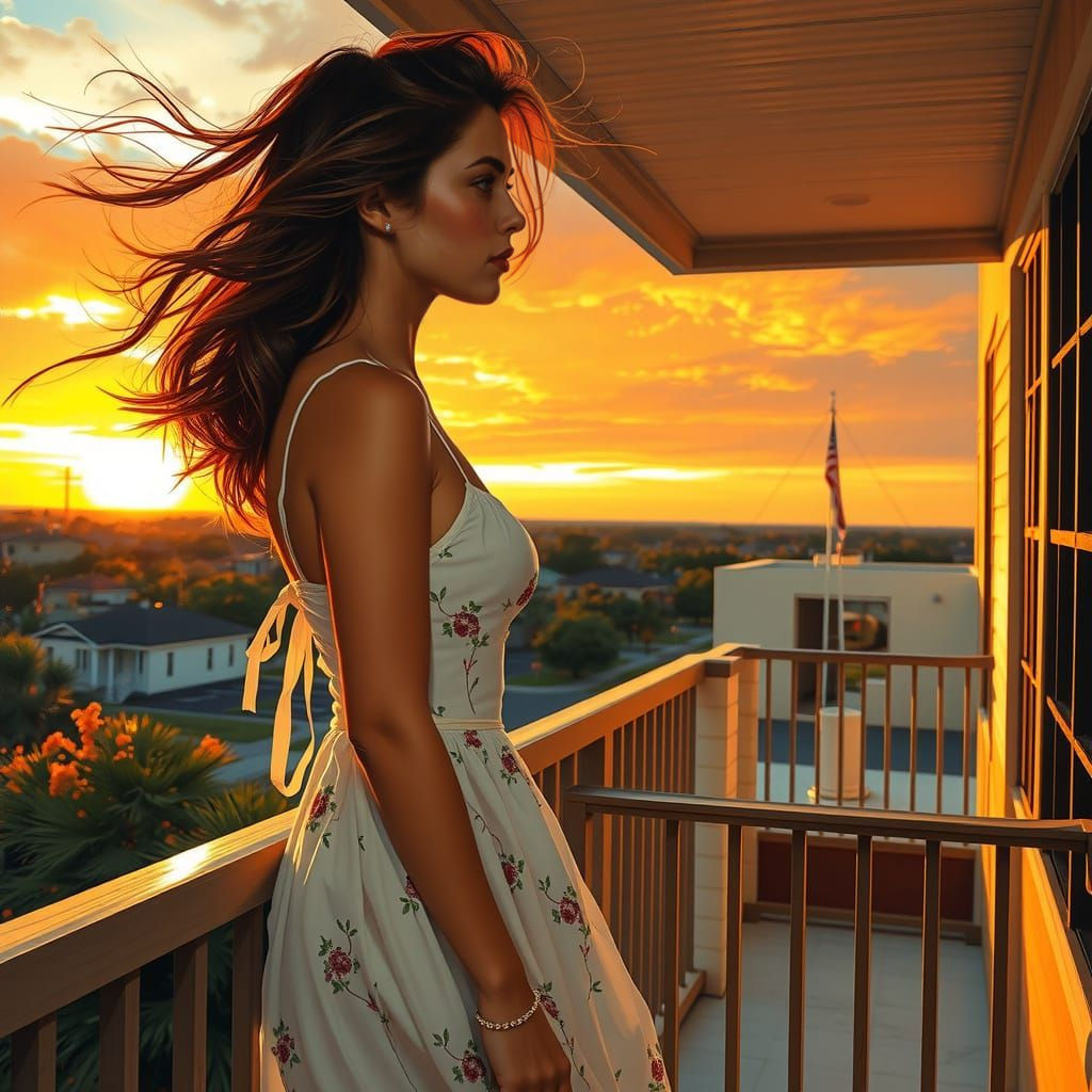 A Woman Contemplates Sunset on her Texas Balcony in a Dreamy...