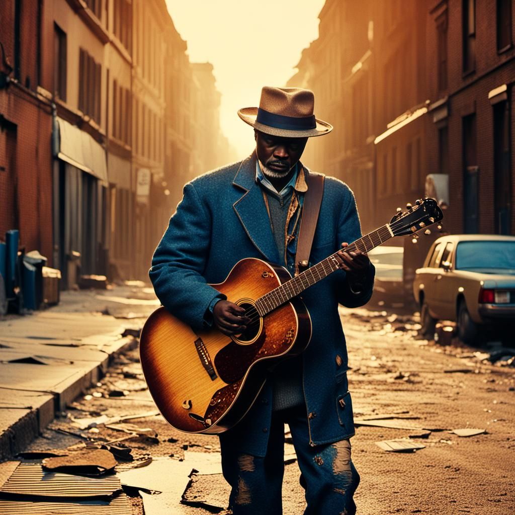 Bluesman Walking Away from Broken Heart as Oil Painting