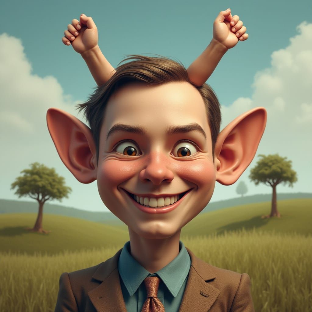 Surreal Man with Feet Ears Smiles Mischievously