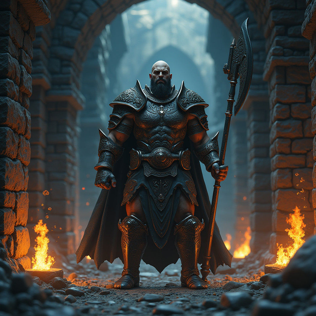 Half-Orc Warrior in Dark Catacombs: 3D Anime Art