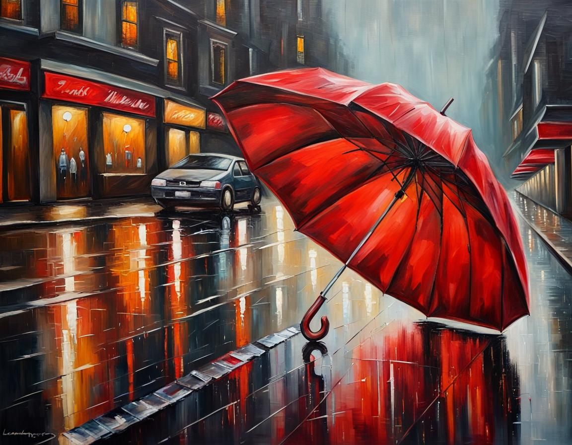 Rainy City: Red Umbrella Oil Painting