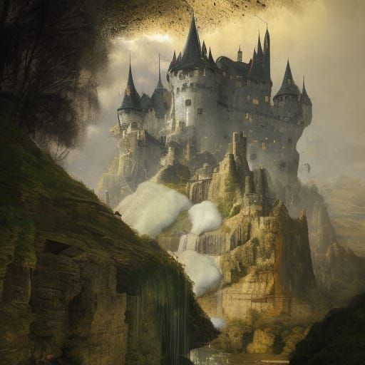 Surreal Medieval Castle Above Cloud Waterfalls