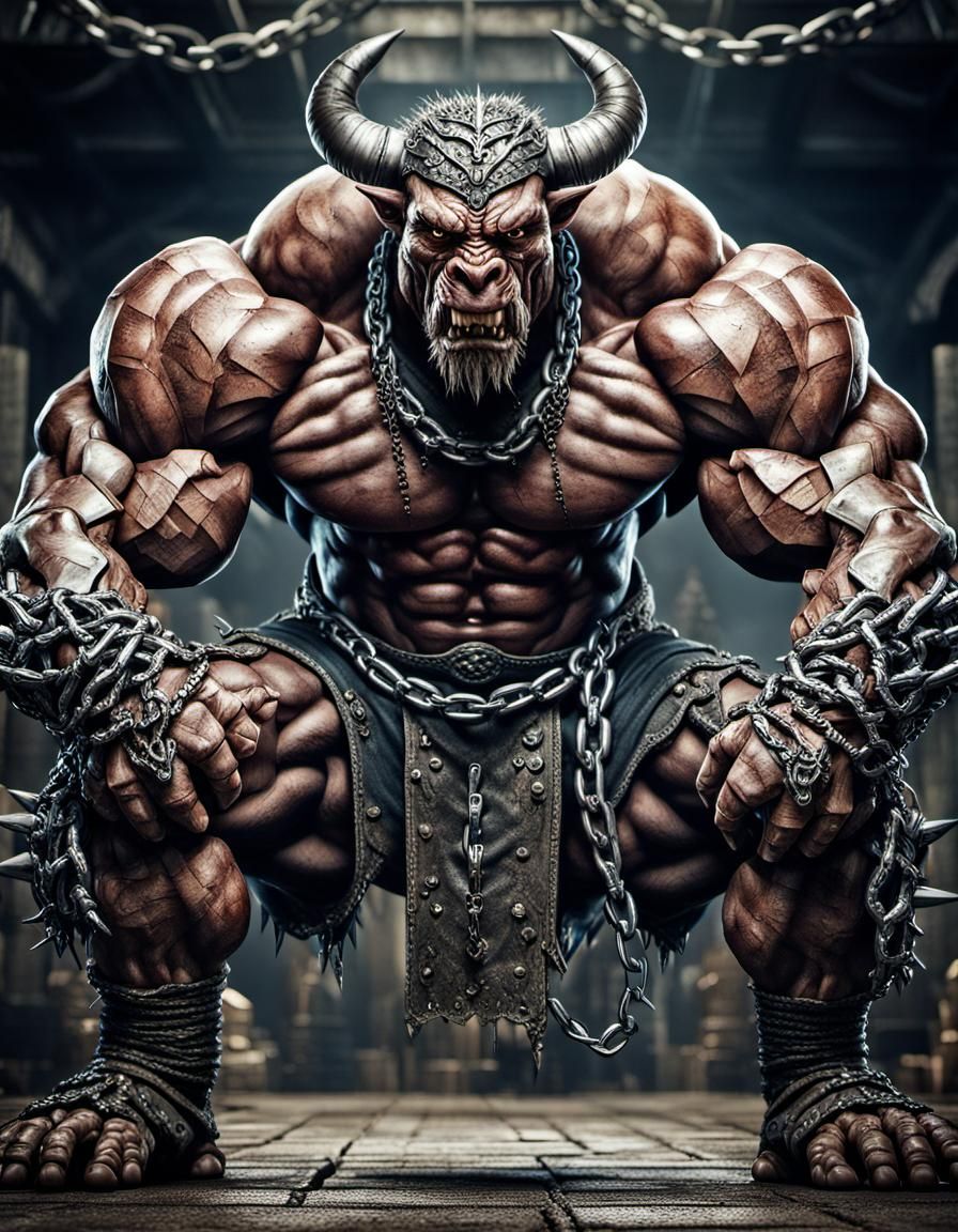 anthropomorphic bull man with massive muscular muscle ,8k resolution concept art with chains,spikes and huge claws